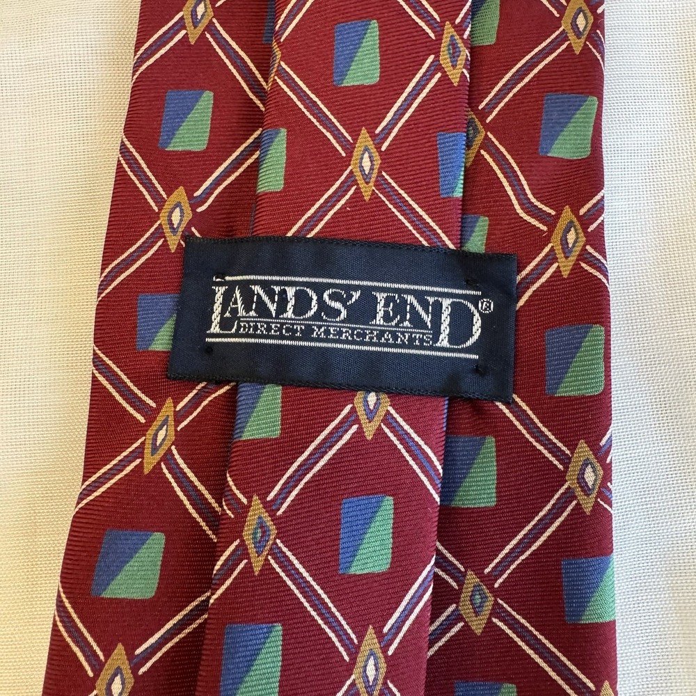 Lands End Silk Necktie Red Green Blue Geometric Diamond Print Tie Long 62" USA - Picture 5 of 9